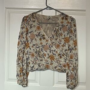 Joie Size M Cropped Wrap Blouse With Smocked Back And Snap At V-Neck